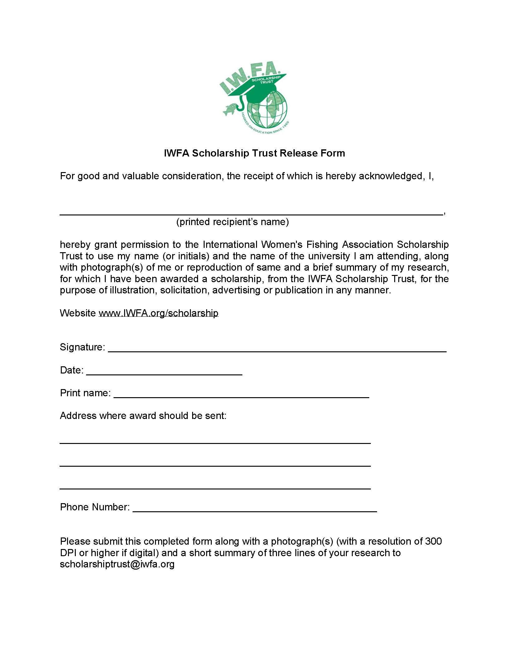 IWFA scholarship trust release form 2020